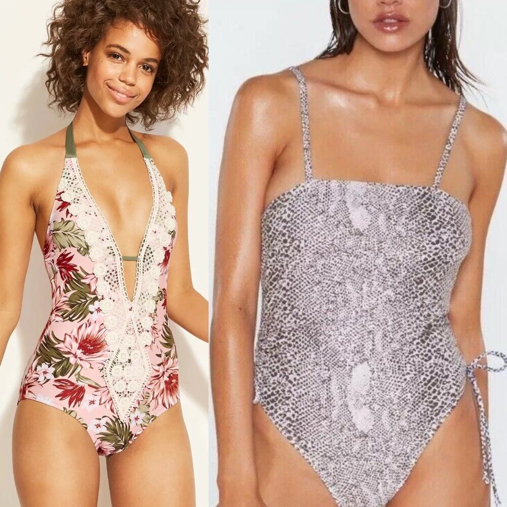 Nasty Gal & Kona Sol Snake Print Ruched & Floral 1 PC Swimsuit Bundle Size S